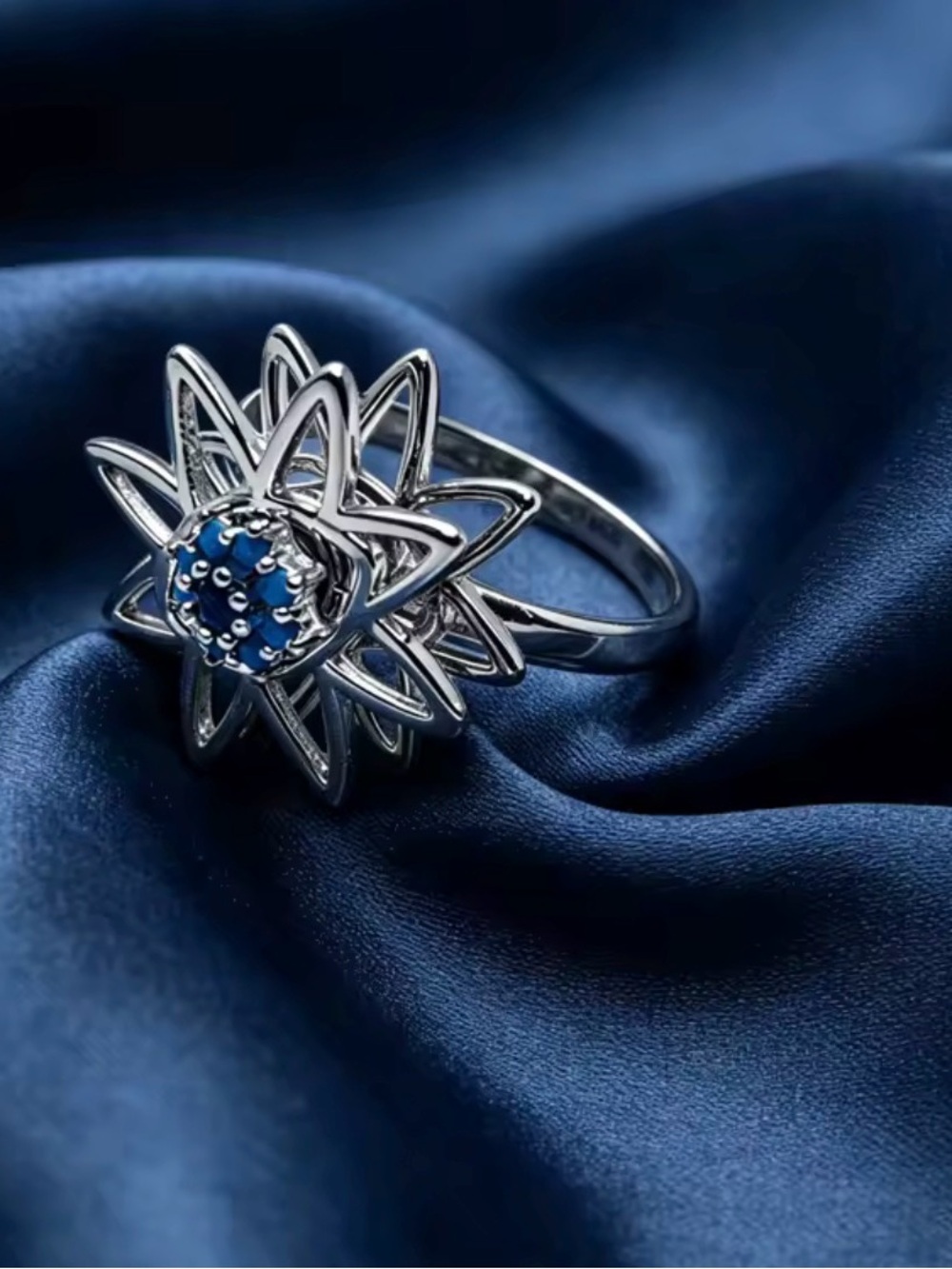 Spinner Ring Silver Floral Halo Ring with Blue Center Gem